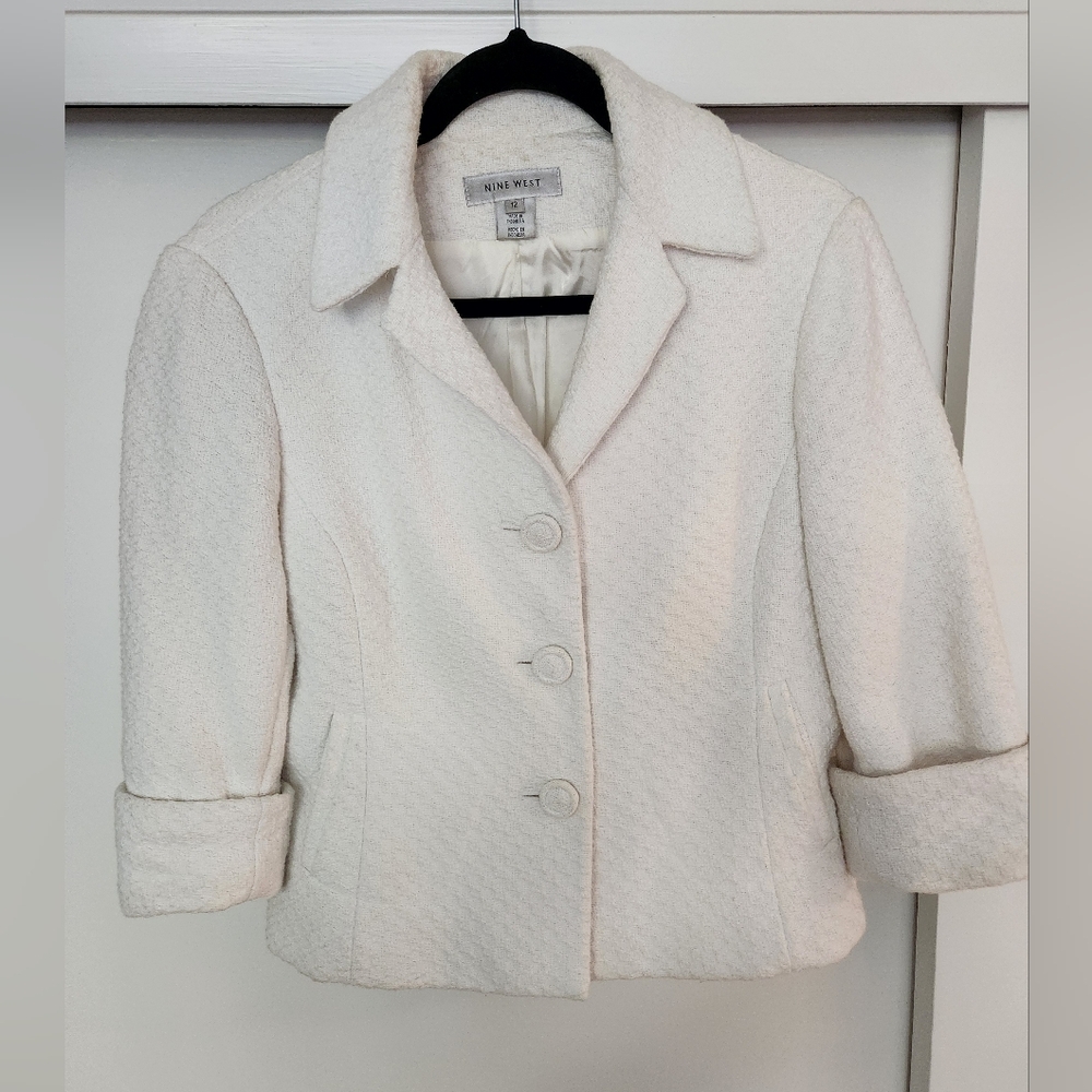 Nine West White Button Down Jacket with Cuffed Sleeves Size 12